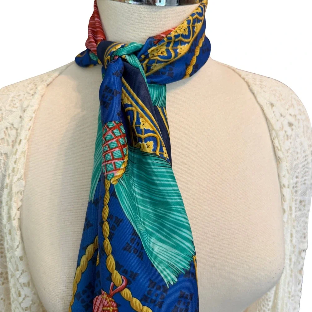 Vintage Royal Blue Tassel Rope‎ Print oblong Scarf Teal Red Neckerchief 30x30